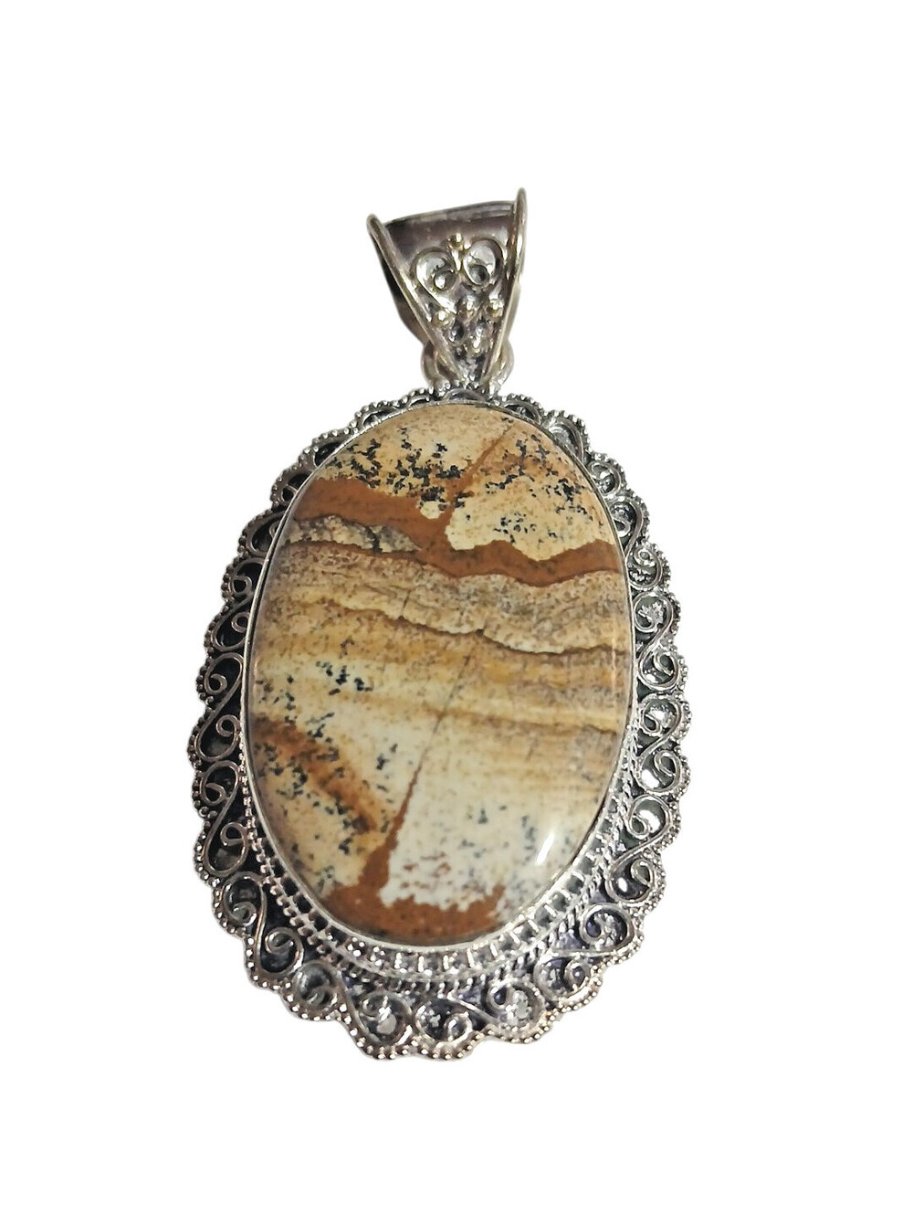 Picture Jasper Gemstone Silver tone Pendant 2 3/5" Brown Tan Earth Tone Jewelry